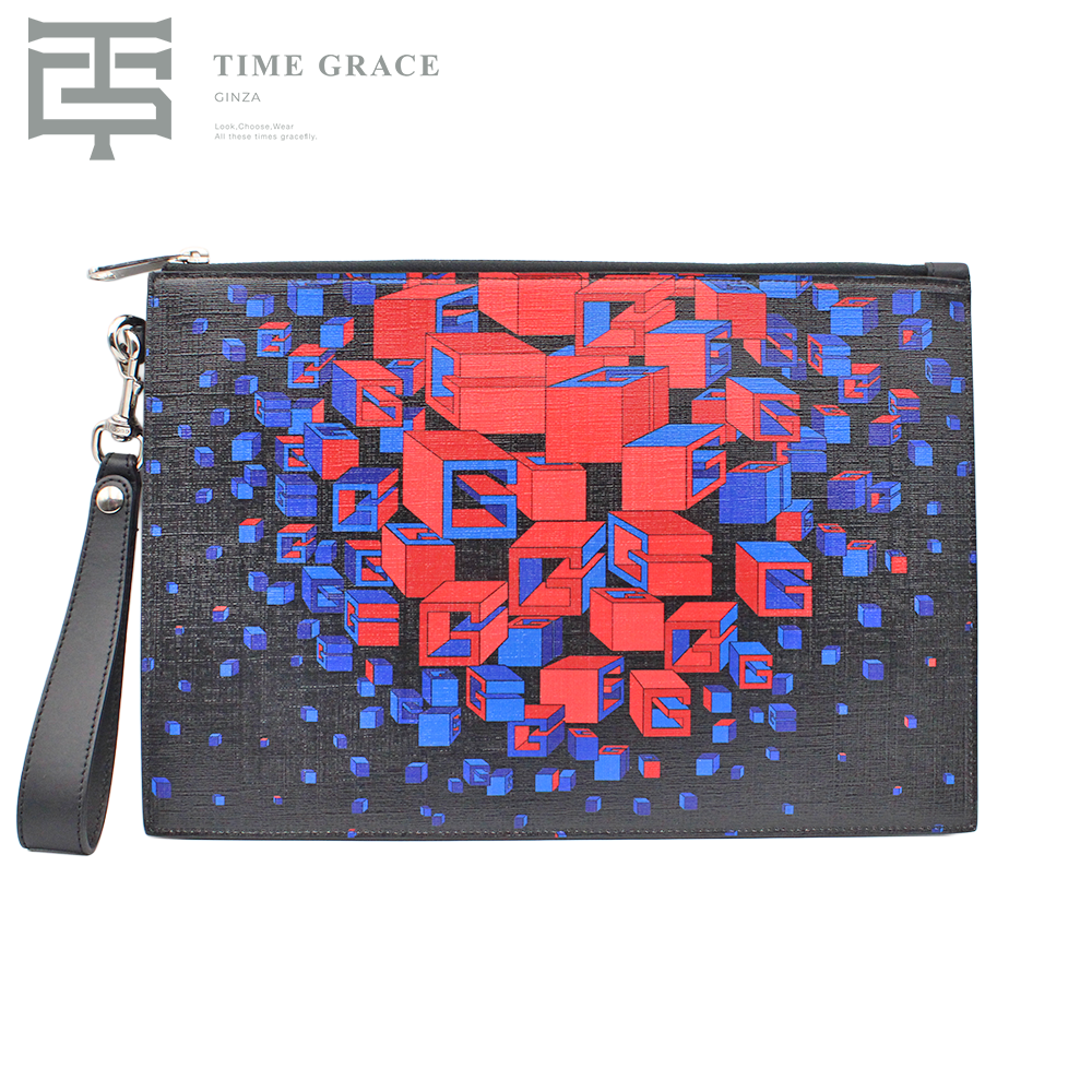 スクエア G スペース プリント ラウンドファスナー クラッチバッグ