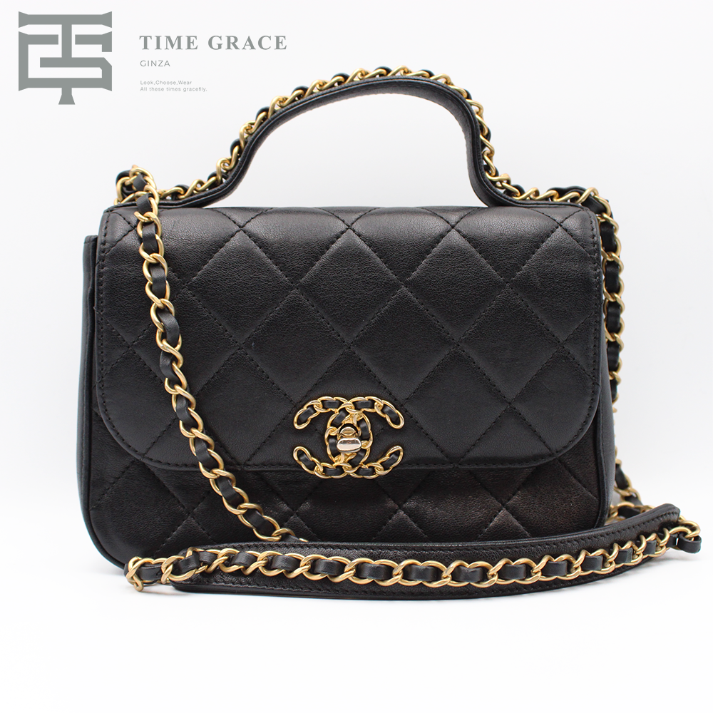 シャネル マトラッセ トップハンドル フラップバッグ 黒 ゴールド金具 レディース ラムスキン ショルダーバッグ
