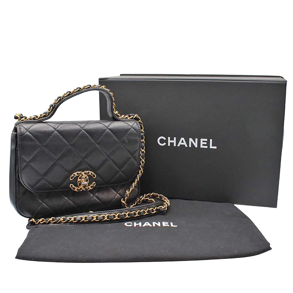 シャネル マトラッセ トップハンドル フラップバッグ 黒 ゴールド金具 レディース ラムスキン ショルダーバッグ