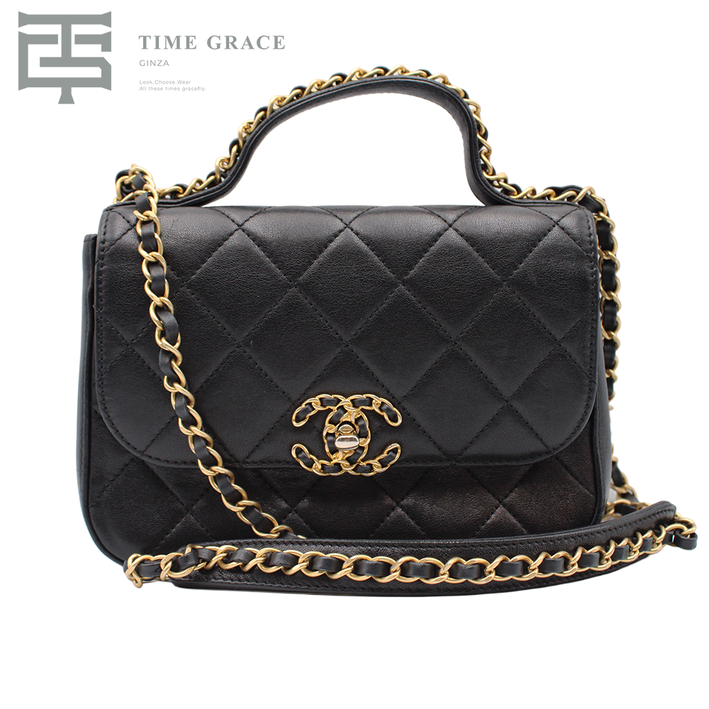 シャネル マトラッセ トップハンドル フラップバッグ 黒 ゴールド金具 レディース ラムスキン ショルダーバッグ