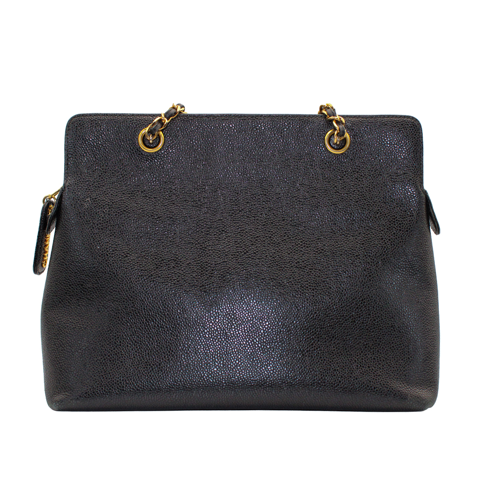 ロゴ刺繍 チェーントート キャビアスキン ブラック