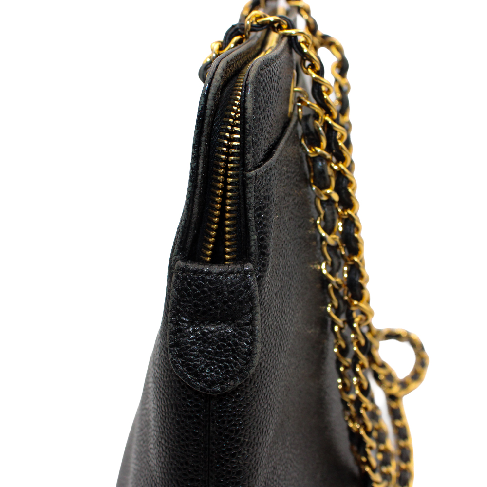 ロゴ刺繍 チェーントート キャビアスキン ブラック