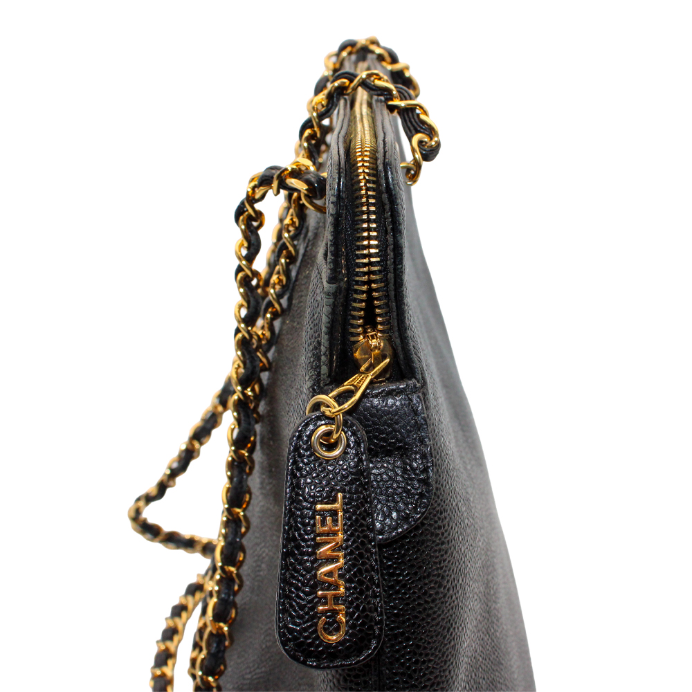 ロゴ刺繍 チェーントート キャビアスキン ブラック