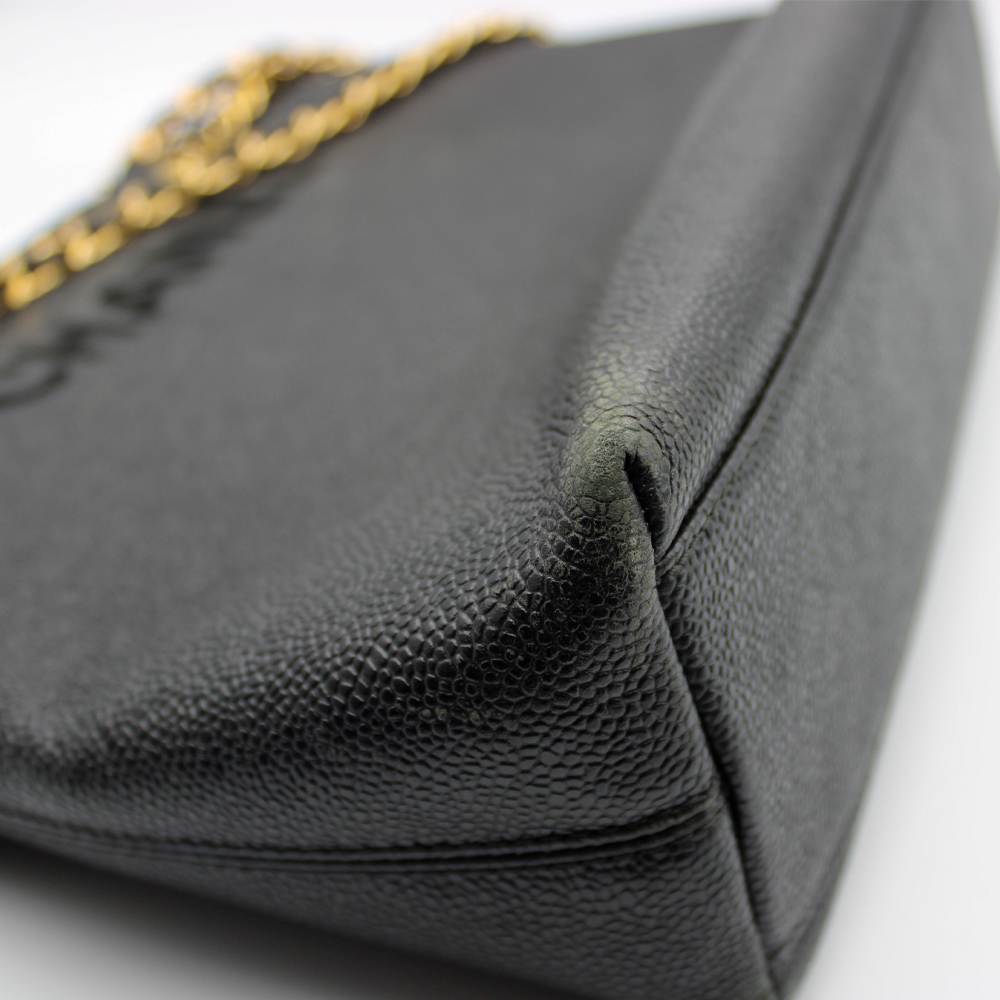 ロゴ刺繍 チェーントート キャビアスキン ブラック