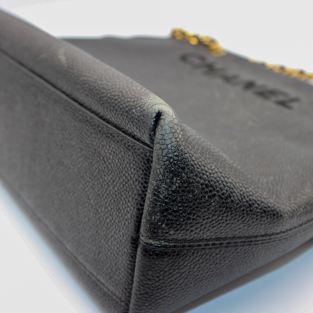 ロゴ刺繍 チェーントート キャビアスキン ブラック