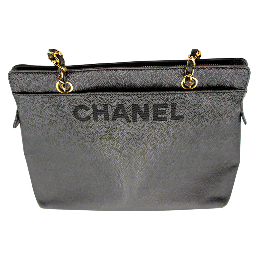 ロゴ刺繍 チェーントート キャビアスキン ブラック