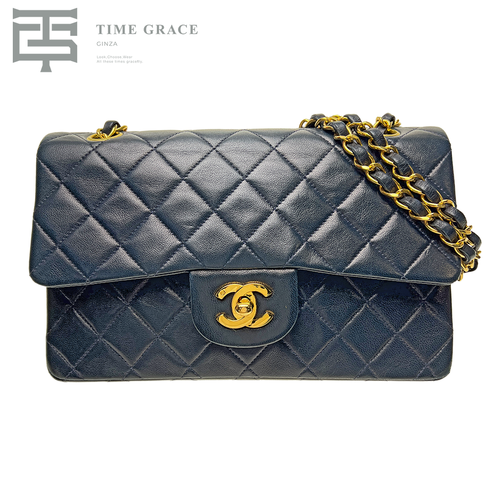 マトラッセ23 Wフラップ Wチェーンショルダーバッグ ラムスキン ネイビー