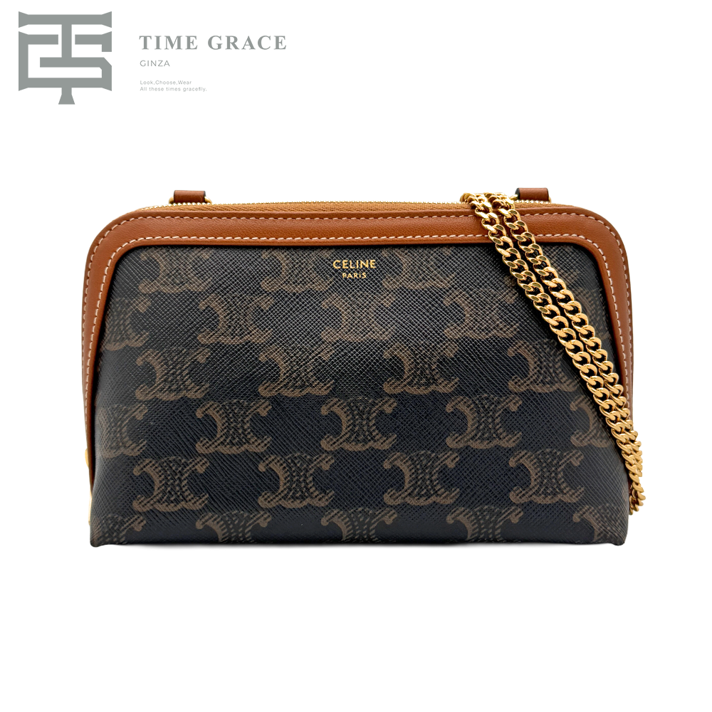 セリーヌ トリオンフ PVC×レザー チェーンショルダーバッグ ブラウン