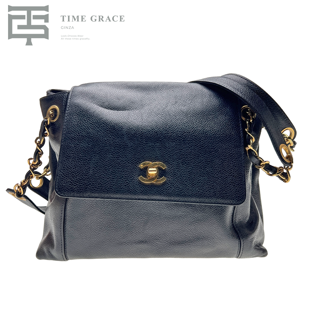 ココマーク キャビアスキン レザー ターンロック チェーン ショルダー