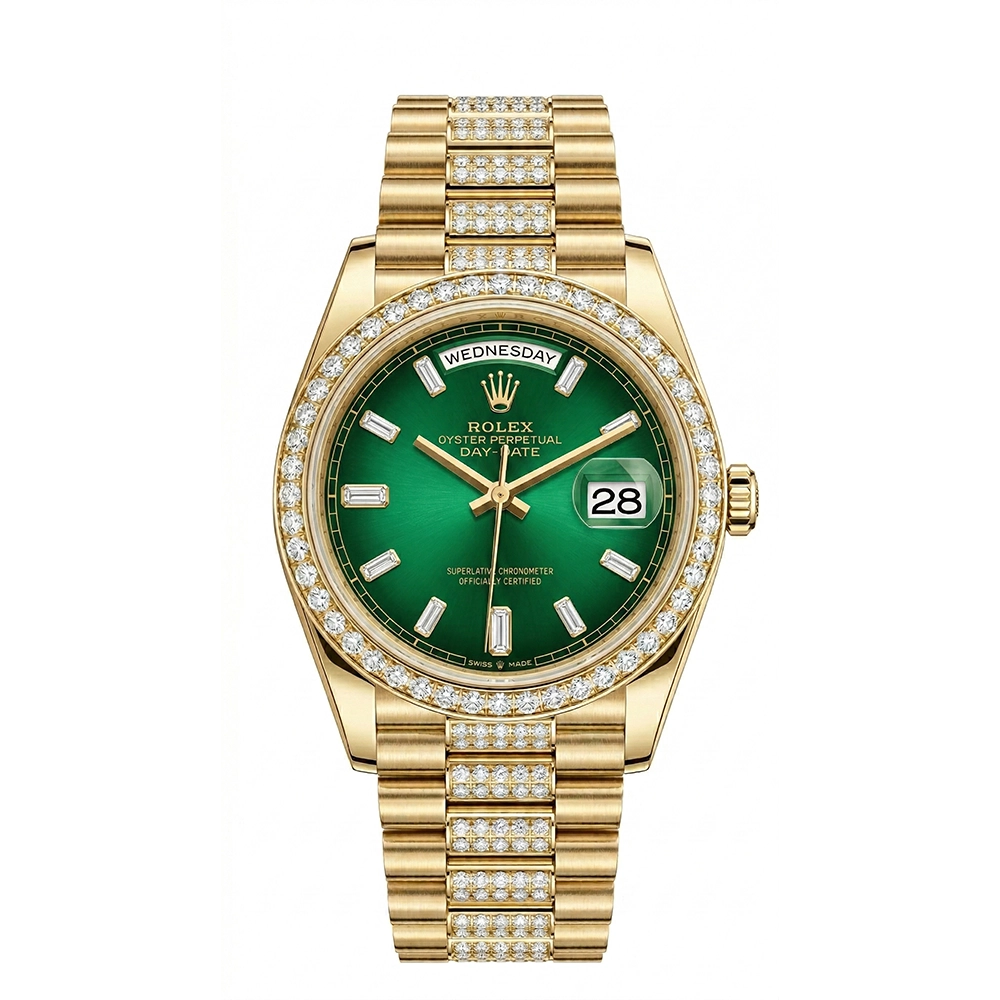 デイデイト 36 128398TBR ブライトグリーン バゲットダイヤ ダイヤモンド入りプレジデントブレス